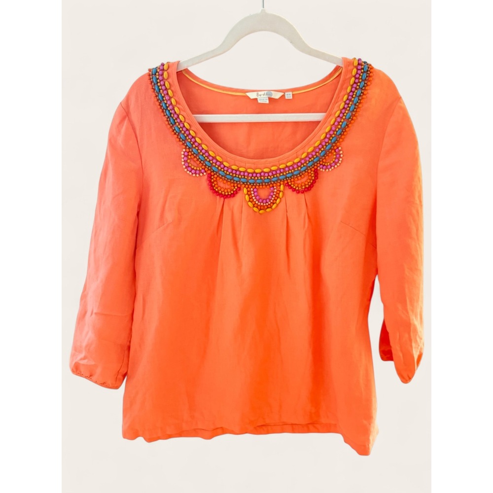 Boden Vibrant Orange Intricate Linen Beaded Neckline Blouse 3/4 Boho Top - Picture 3 of 12